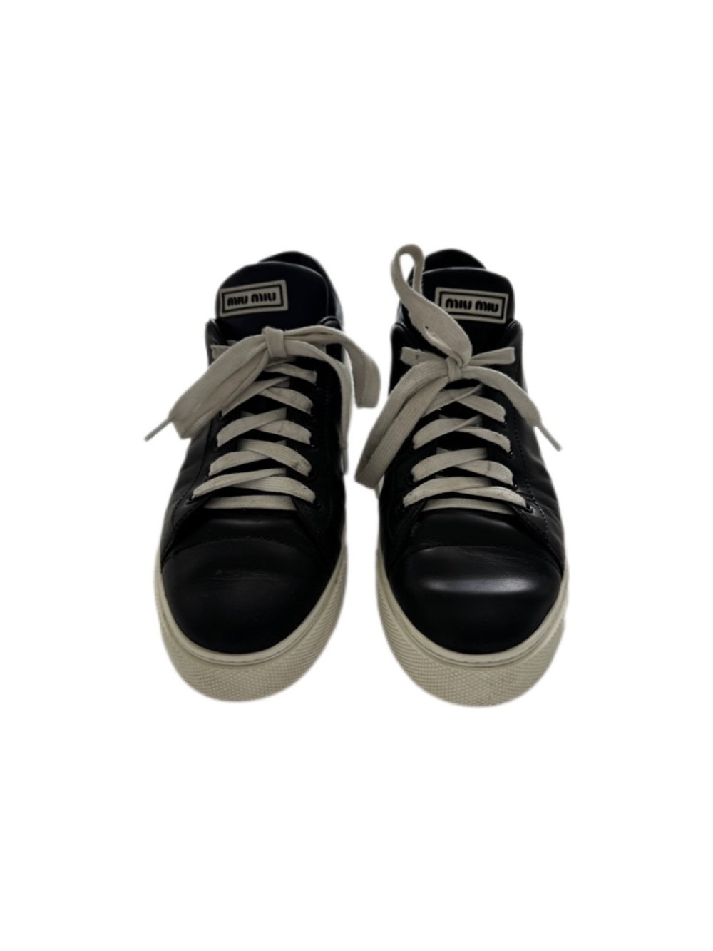 Miu MiuWomen’s Black Leather Low-Top Sneakers with Cream Laces and Soles Size 41
